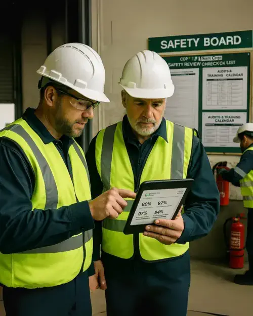 checking audit cycle (1) Two supervisors review a live safety scorecard on a tablet during an unannounced site check, confirming improvements hold in practice that were reccommended from Fortirss.