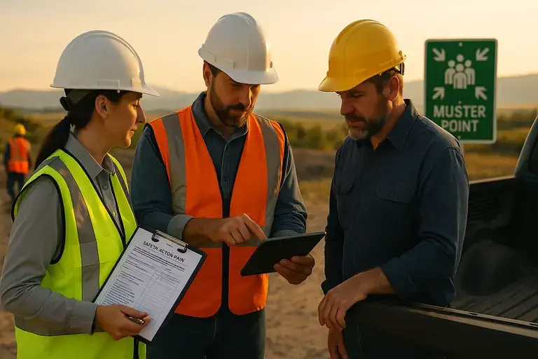 meeting safety Consultant and site manager review a safety action plan at a truck tailgate during golden hour, inviting a conversation to move forward.