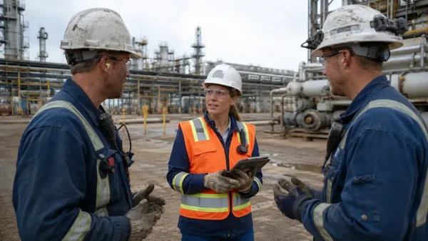 HSE advisor conducting safety gap analysis crew interview at Alberta energy facility